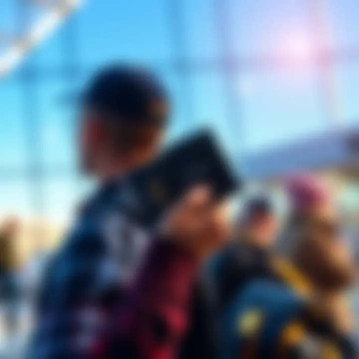 A person holding a Trezor hardware wallet while waiting at an airport security check