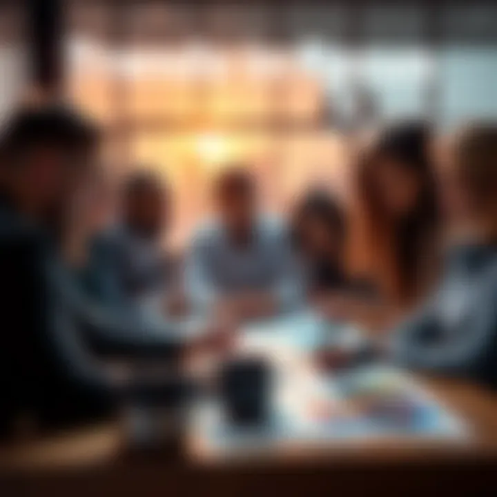 A group of diverse people discussing charts and graphs on a table, representing current trends and public interest.