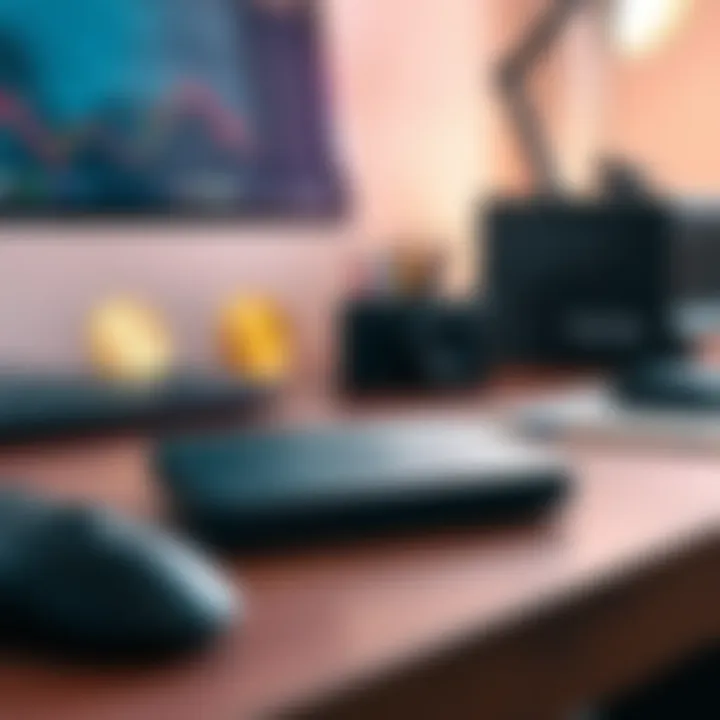 A Trezor 5 hardware wallet designed for storing Bitcoin sits on a wooden desk next to a computer and some Bitcoin symbols.