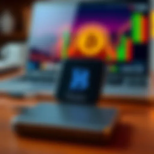 A Trezor hardware wallet displaying a Bitcoin logo, placed on a table with a laptop in the background, symbolizing secure cryptocurrency storage.
