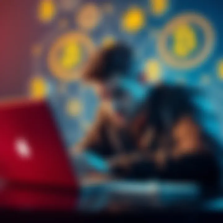 A person looking worried while checking their Trezor wallet on a laptop, with cryptocurrency symbols in the background