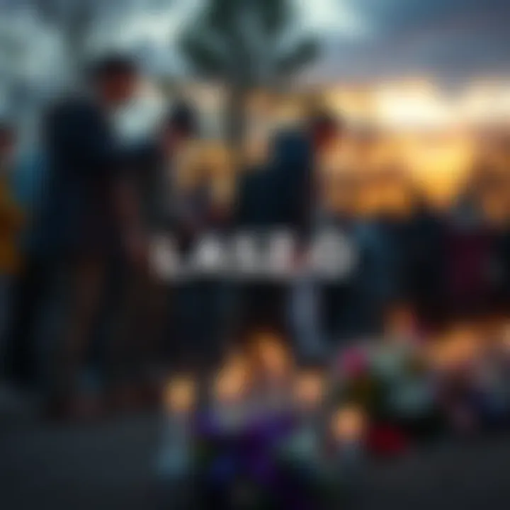 A group of people gathering around a memorial, honoring Laszlo's sacrifice with candles and flowers.