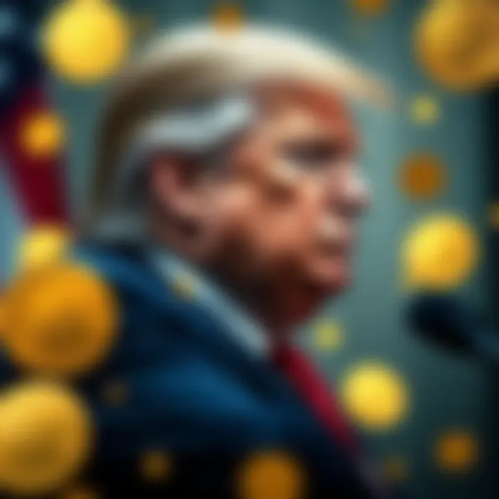 Former President Trump with cryptocurrency symbols, illustrating the impact of his conflict of interest on crypto policy development.
