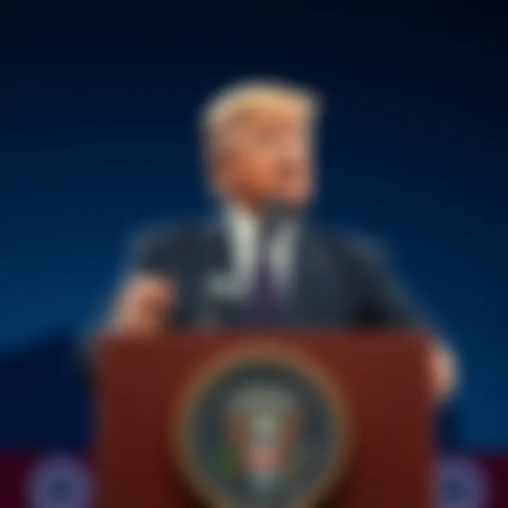 Donald Trump speaking at a podium about tax policy for US-made cryptocurrencies during a press conference