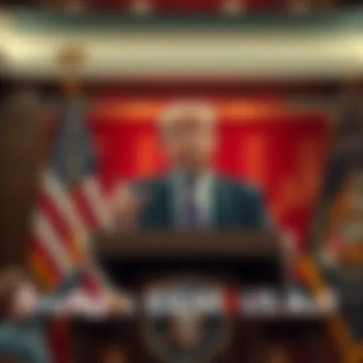 A press conference where President Trump discusses the GENIUS Act that bans interest payments on stablecoins, with a backdrop of financial graphs and the American flag.