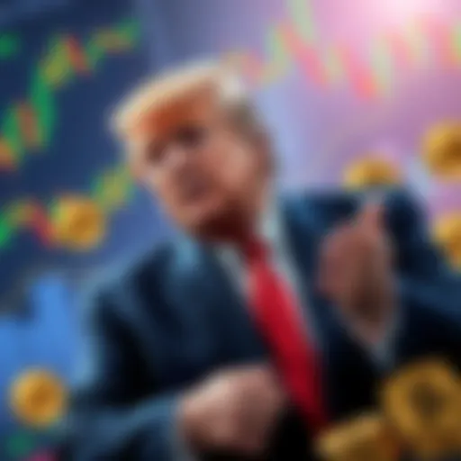 Former President Trump encouraging Americans to invest retirement funds in cryptocurrency, with a backdrop of coins and financial charts