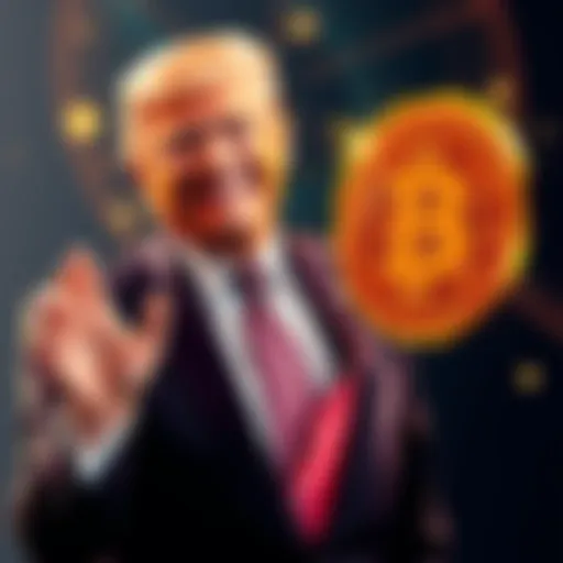Donald Trump in a suit, smiling and gesturing positively towards a Bitcoin symbol, symbolizing his shift to supporting cryptocurrency.