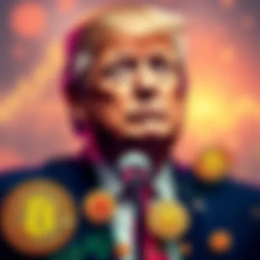 Donald Trump with Bitcoin symbols and graphs, highlighting his role in cryptocurrency investment
