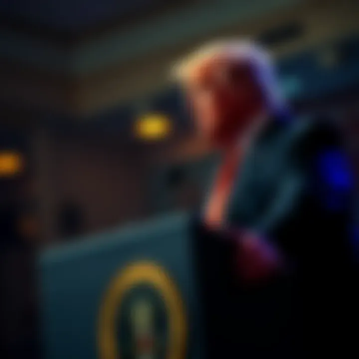 Trump standing at a podium, promoting a Bitcoin tax exemption in his proposed legislation.