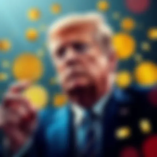 A visual representation of President Trump with financial symbols and crypto coins indicating potential changes to 401(k) investments
