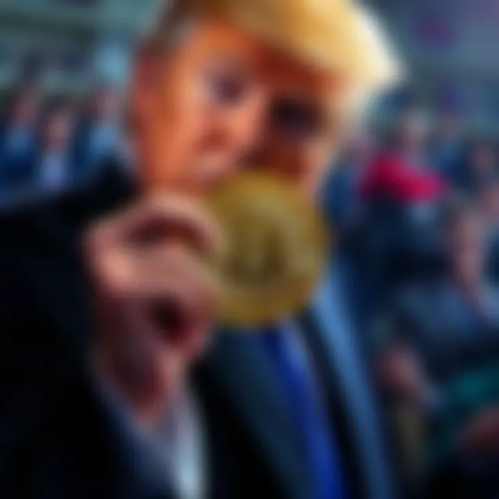Former President Trump holding a cryptocurrency coin with a worried crowd in the background, symbolizing concerns over ethics in crypto.
