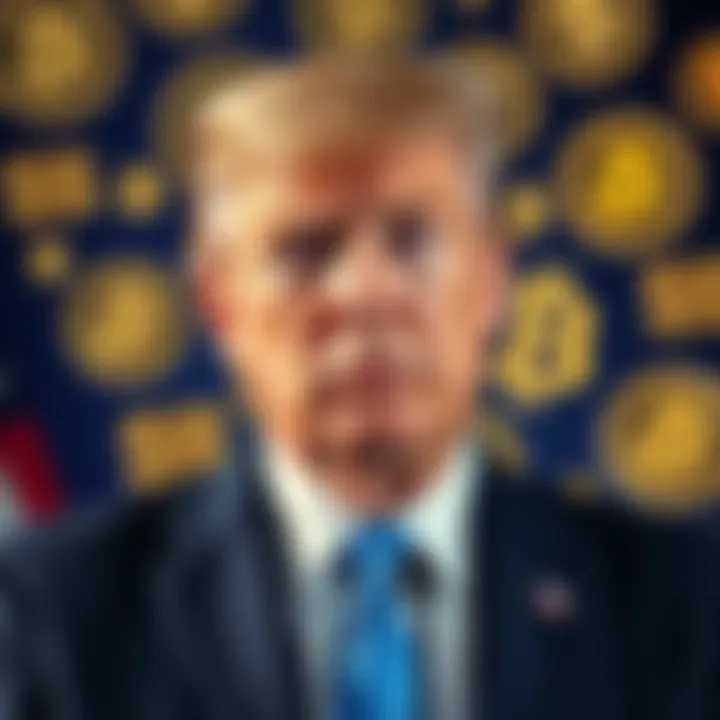 President Trump in front of a backdrop featuring cryptocurrency symbols, depicting the relaxed regulations under his administration.