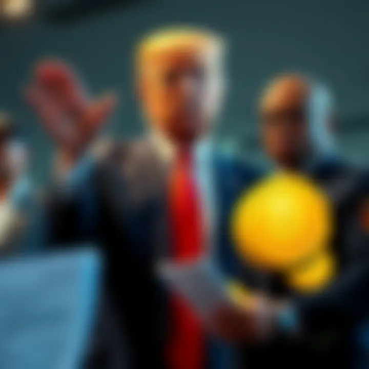 Former President Trump gestures in support of cryptocurrency while an IRS official looks on, emphasizing upcoming tax tracking, with a graphic showing crypto coins and tax forms.