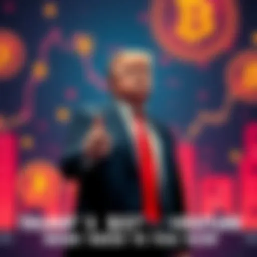 Donald Trump standing with a backdrop of cryptocurrency symbols, showing a financial graph indicating success