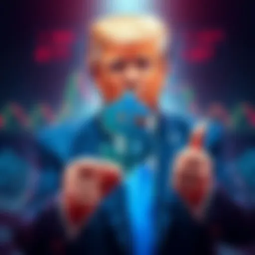 Donald Trump holding a digital dollar sign, symbolizing the launch of a U.S. stablecoin, surrounded by financial charts and currency notes.