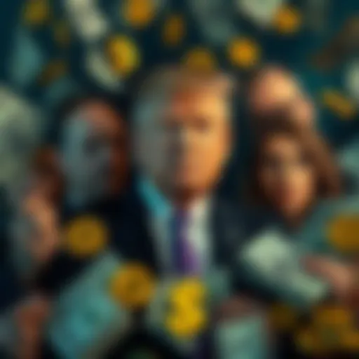 The Trump family surrounded by cryptocurrency symbols and dollar bills, indicating their earnings.