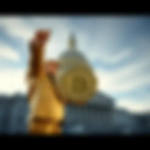 A large golden statue of Donald Trump stands outside the Capitol, holding a Bitcoin in his hand.