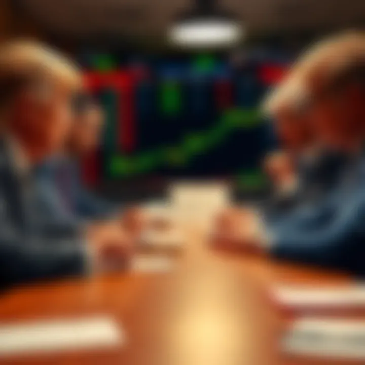 Finance professionals express concern over Trump's alleged stock market manipulation during a meeting with charts and graphs in the background.