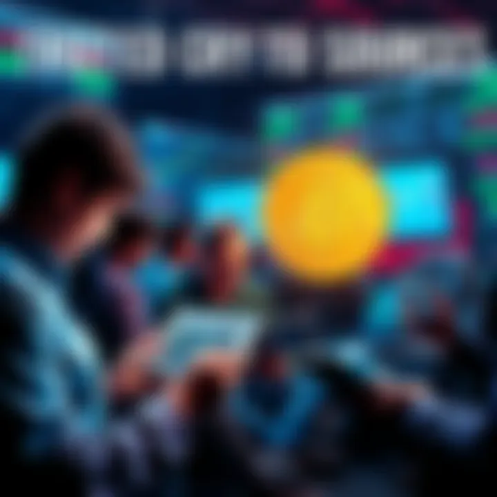 People reading crypto news on various devices, showing charts and news articles, highlighting trusted sources for investment insights.