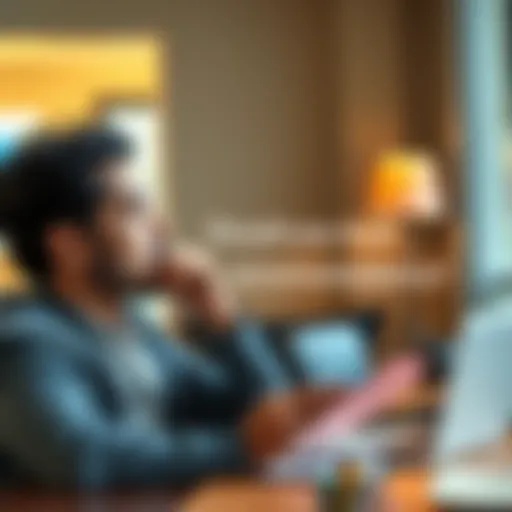 A person pondering over a friend's professional recommendation while looking at a laptop and a notepad