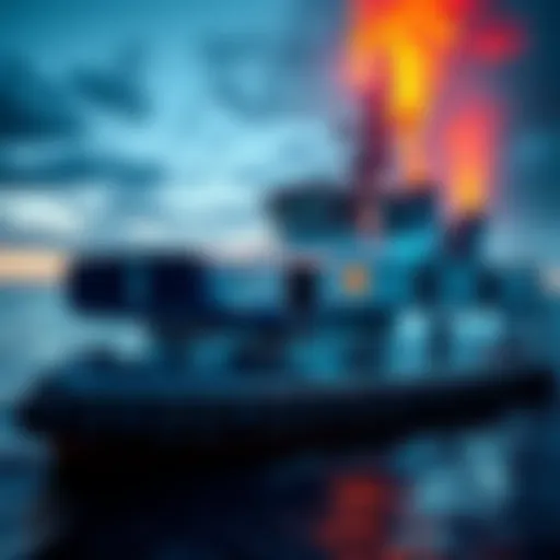 A tugboat is equipped with bitcoin mining rigs on deck, utilizing power from the ship to mine cryptocurrency at sea.