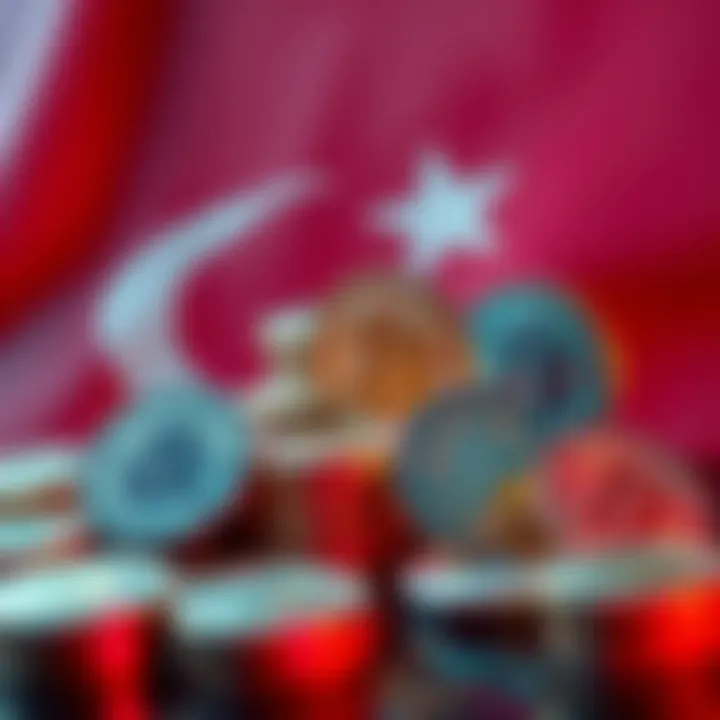 A visual representation of cryptocurrency symbols with a Turkish flag in the background, symbolizing new regulations in Turkey.