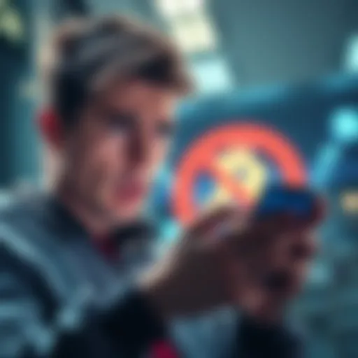 A person looking worried while checking their bank account on a smartphone, with a Bitcoin symbol in the background to represent cryptocurrency restrictions.