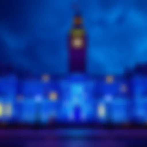 A visual representation of the UK government building with blockchain symbols, highlighting support for technology advancement