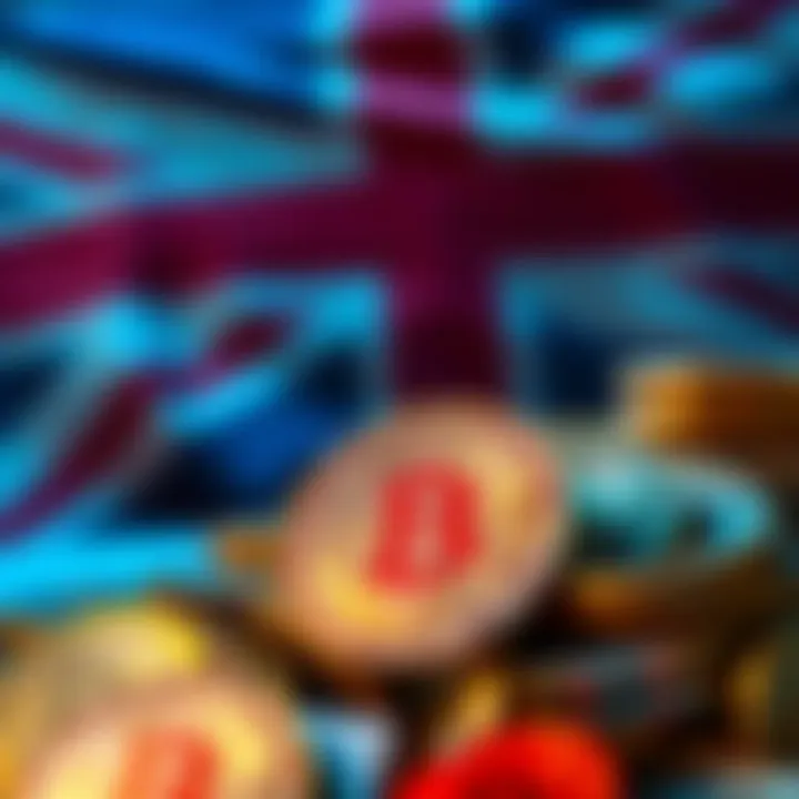 A large pile of Bitcoin coins with the UK flag in the background, symbolizing the legal status of seized Bitcoin in the UK.