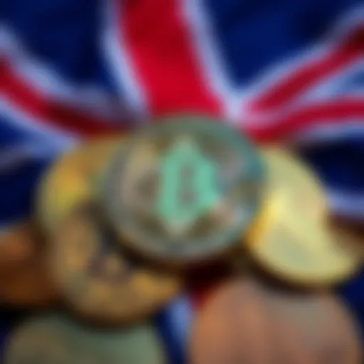 A visual representation of Bitcoin coins with the UK flag, symbolizing the government's cryptocurrency assets worth $7.6 billion.