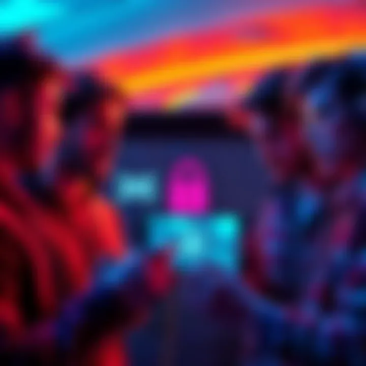 Group of gamers looking frustrated as they try to access Alpha Arcade on their devices, showing a lock symbol on screen