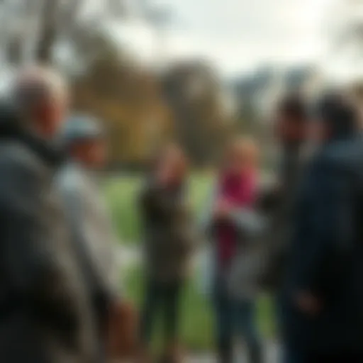 A group of people discussing unusual sightings in a park, pointing and sharing conversations.
