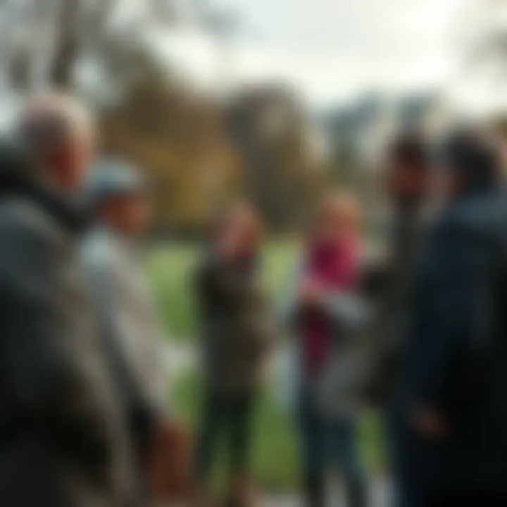 A group of people discussing unusual sightings in a park, pointing and sharing conversations.