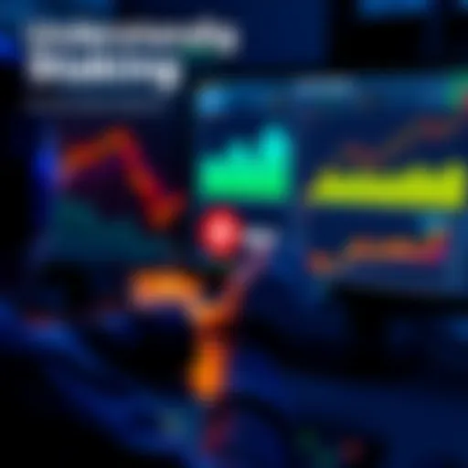 A person reviewing cryptocurrency staking options on a computer screen, with charts and graphs showing potential earnings and risks.
