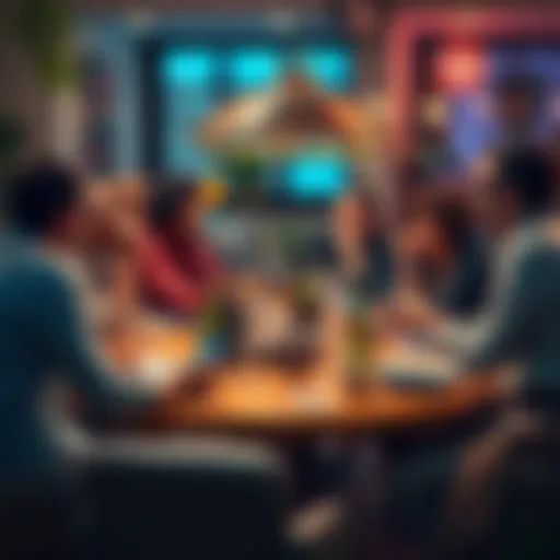 A group of people engaged in animated discussions at a round table, sharing unique and unconventional ideas