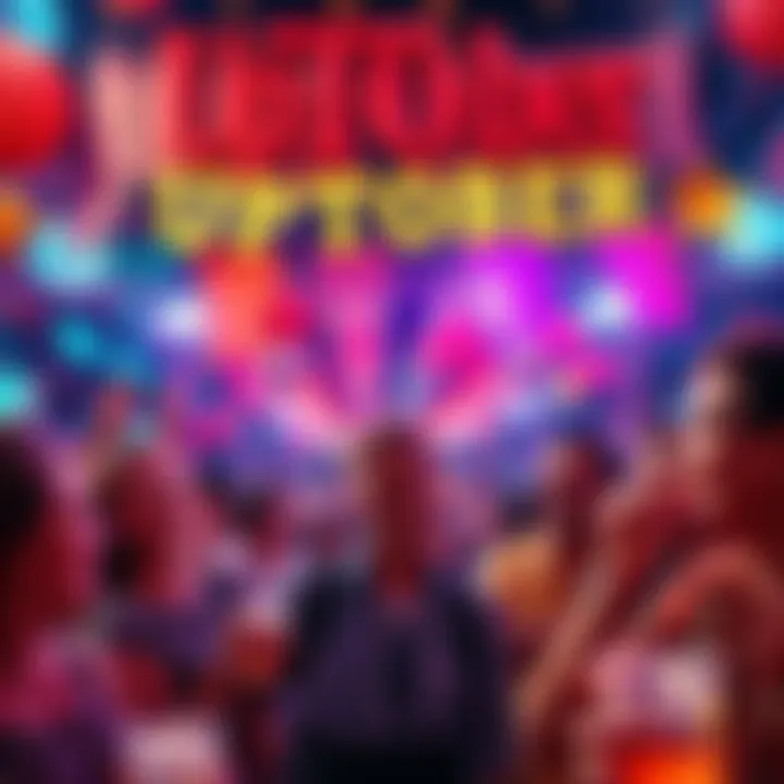 A vibrant scene of people celebrating Uptober with banners and excitement, showing a festive atmosphere with smiling faces and décor.