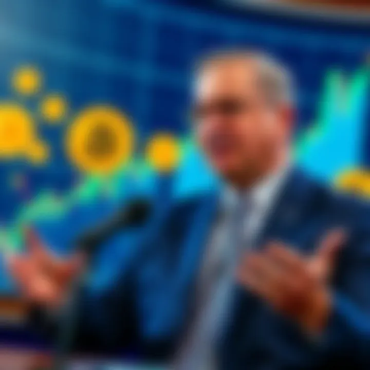 A US Treasury official explaining the government's updated stance on Bitcoin purchases, with charts and Bitcoin symbols in the background.