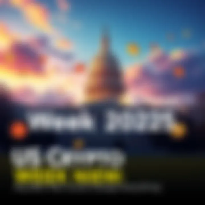 A graphic showing key legislation for digital assets in the US with symbols of crypto coins and a government building in the background.