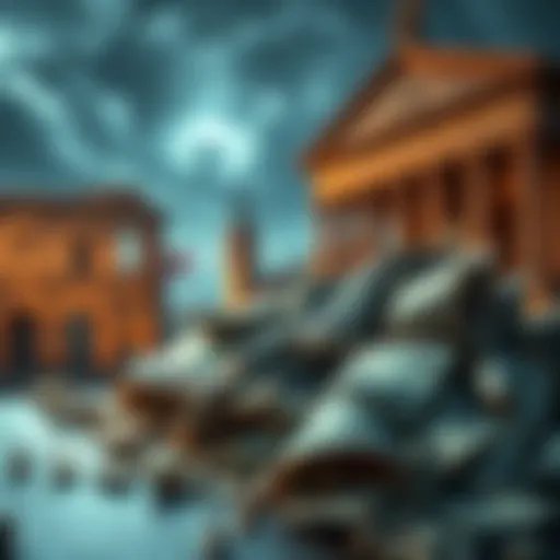 A visual representation of a crumbling U.S. dollar against a backdrop of past empires like Rome and Britain, symbolizing economic decline.
