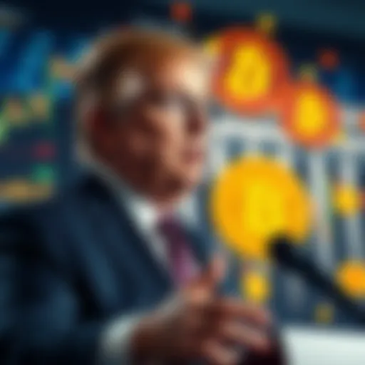 A White House official discusses the government's new Bitcoin accumulation strategy with a backdrop of financial graphs and cryptocurrency symbols.