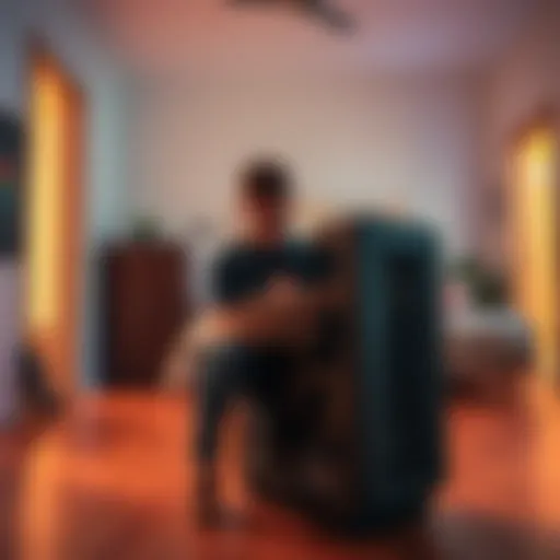 A buyer examines a used MNTD Goldspot miner in an empty house, looking concerned about ownership issues