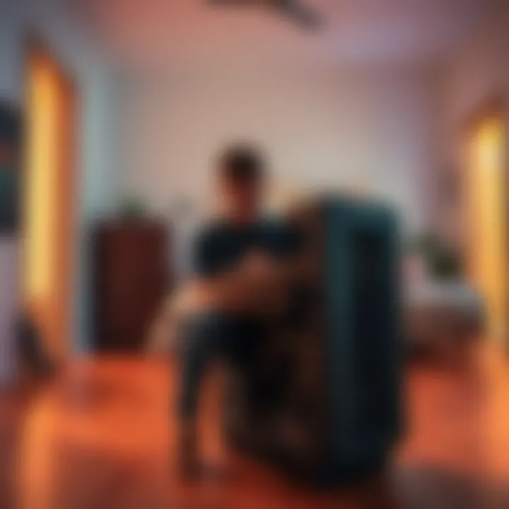 A buyer examines a used MNTD Goldspot miner in an empty house, looking concerned about ownership issues