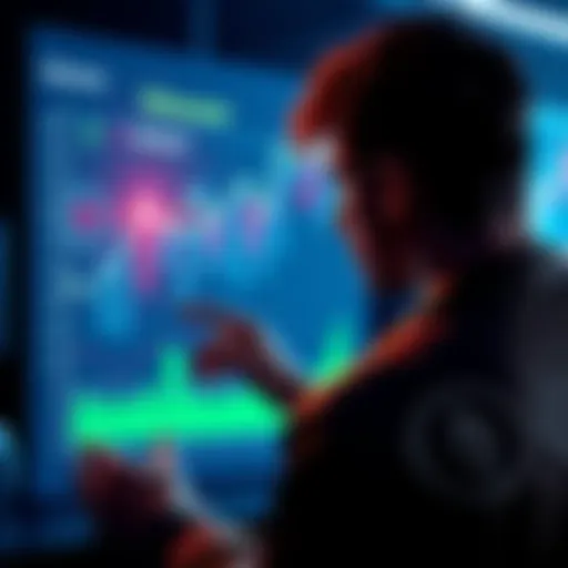 A person looking at a chart with Ethereum logos, analyzing validator staking fees and returns.