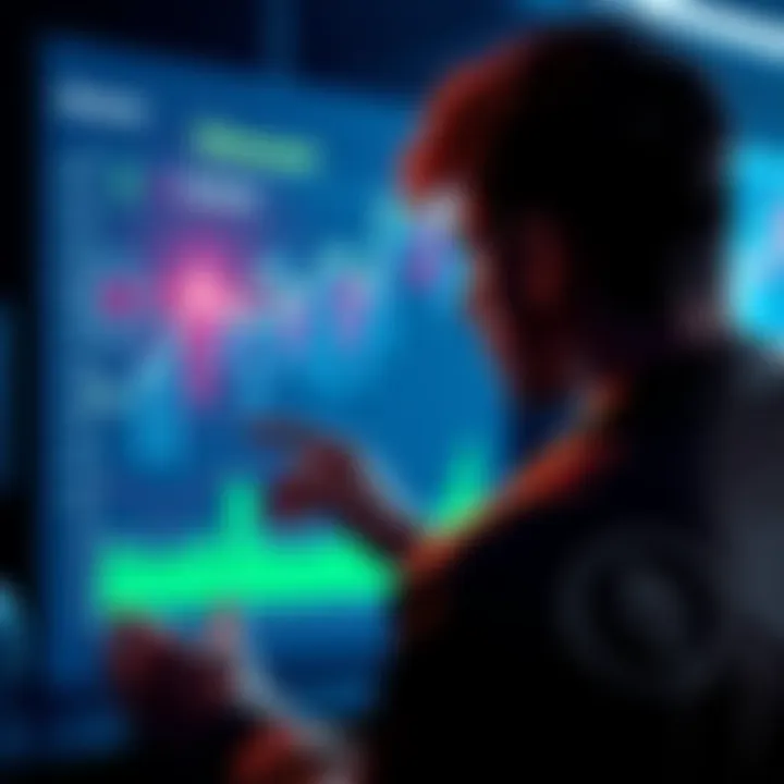 A person looking at a chart with Ethereum logos, analyzing validator staking fees and returns.