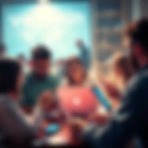 People engaging in a discussion about Vechain with laptops and phones, showcasing community interaction