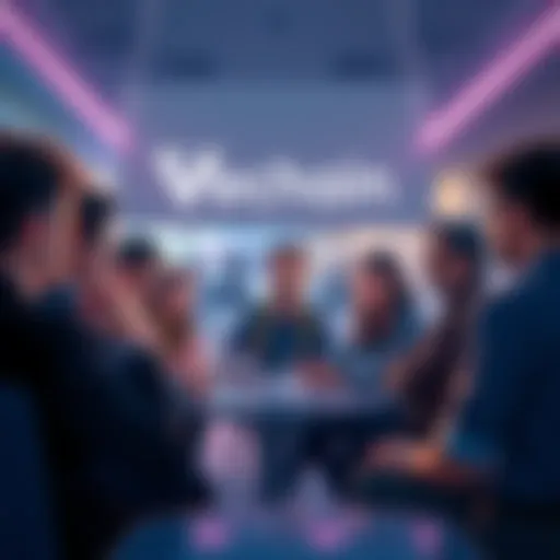 A diverse group of people engaged in a lively discussion about blockchain technology, sharing ideas and insights.