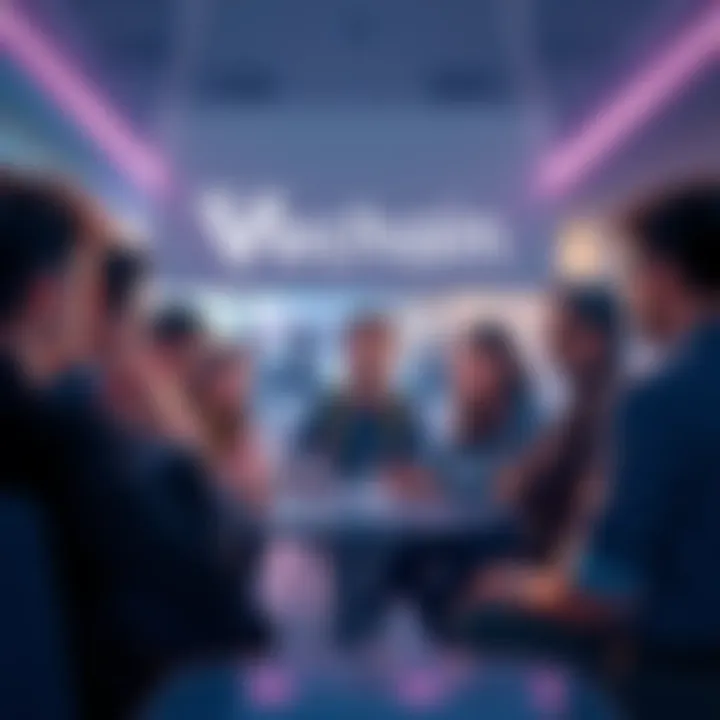 A diverse group of people engaged in a lively discussion about blockchain technology, sharing ideas and insights.