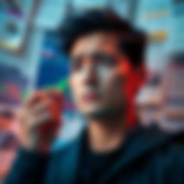 A person looking at a digital chart showing Vechain's price fluctuations, with a concerned expression, surrounded by financial news articles.
