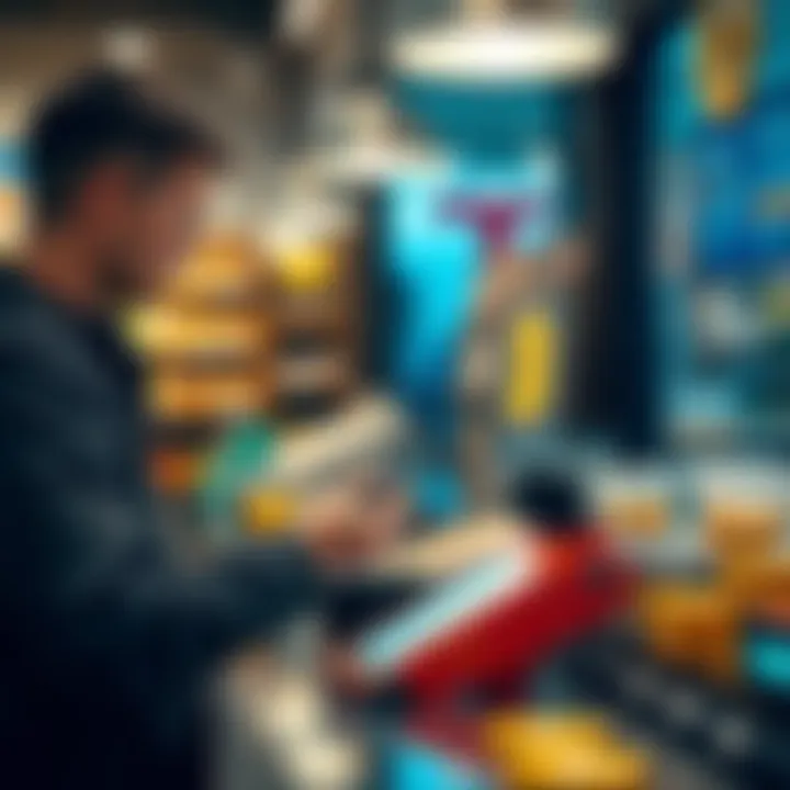 A vendor accepting Bitcoin payments at a shop with a digital screen showing instant confirmation.