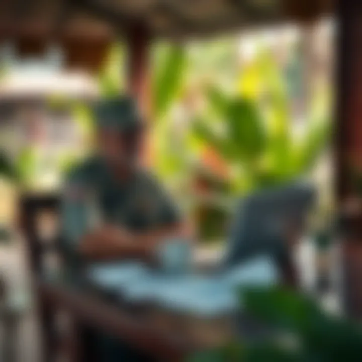American veteran sitting at a table in Vietnam, frustrated while using a laptop. They have coffee and papers around, showing problems with Coinbase. The background features tropical plants.